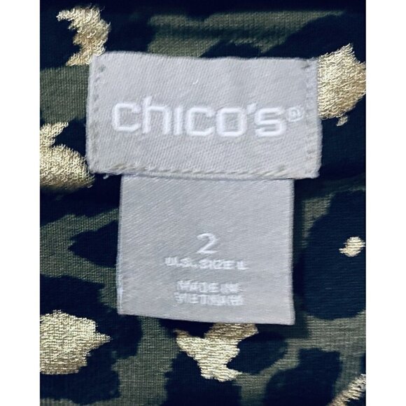Chicos 2 Womens Large Olive Green Cheetah Print Top Cuffed Sleeve Gold Foil Boho - Picture 6 of 9